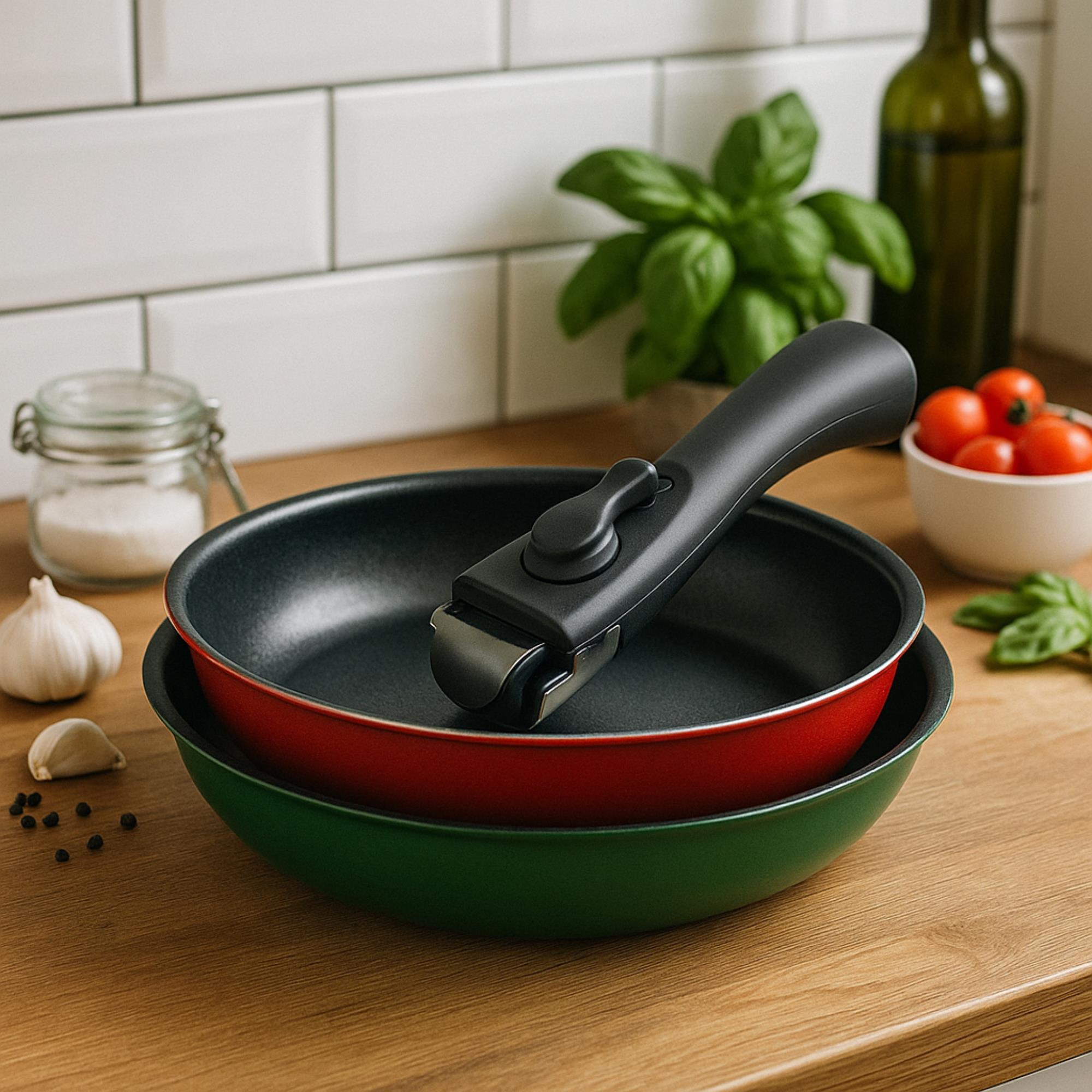 Juego de 2 sartenes ø22ø26cm aluminio prensado 2 colores + mango desmontable