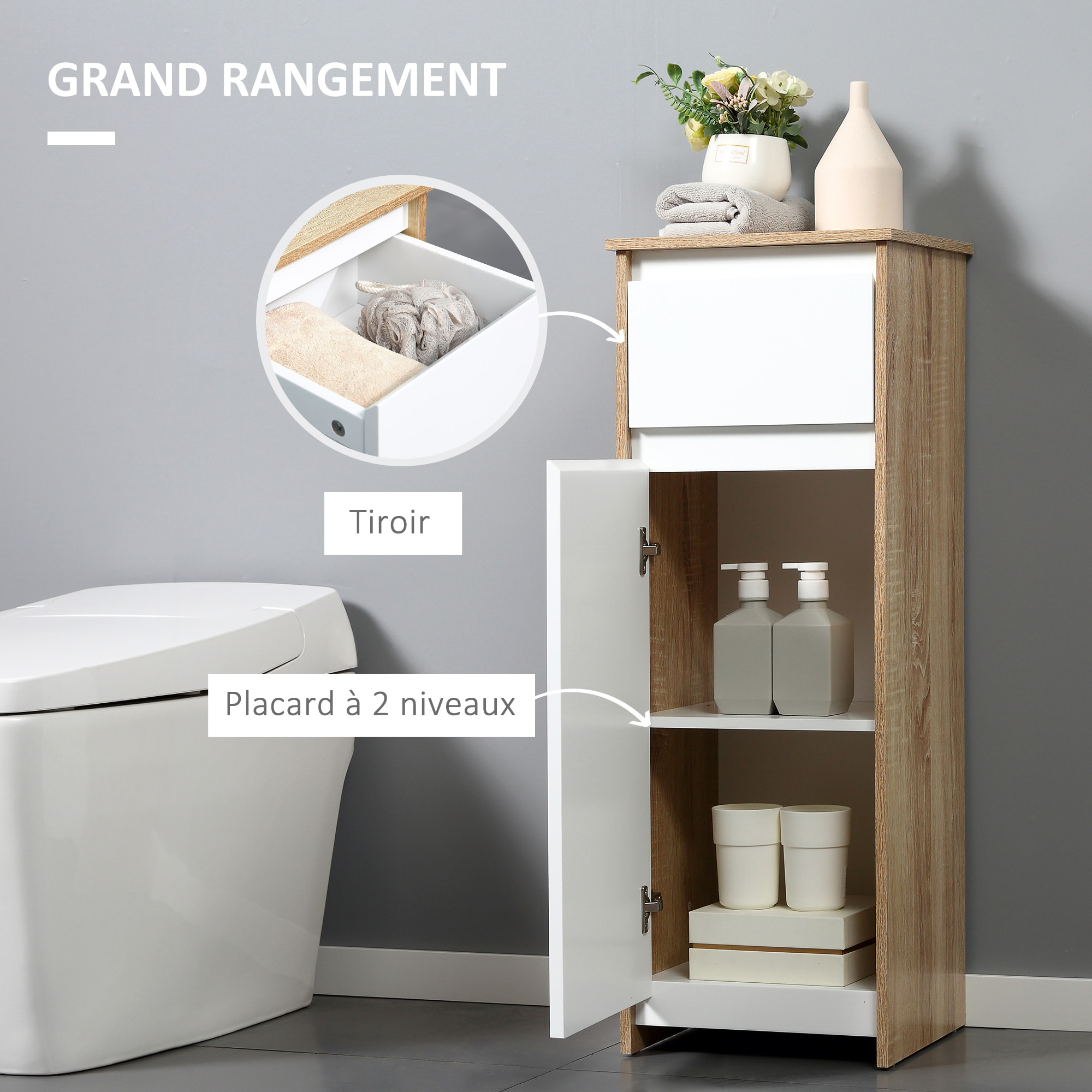 Meuble colonne bas salle de bain style cosy dim. 32L x 30l x 90H cm porte étagère tiroir MDF blanc aspect chêne clair