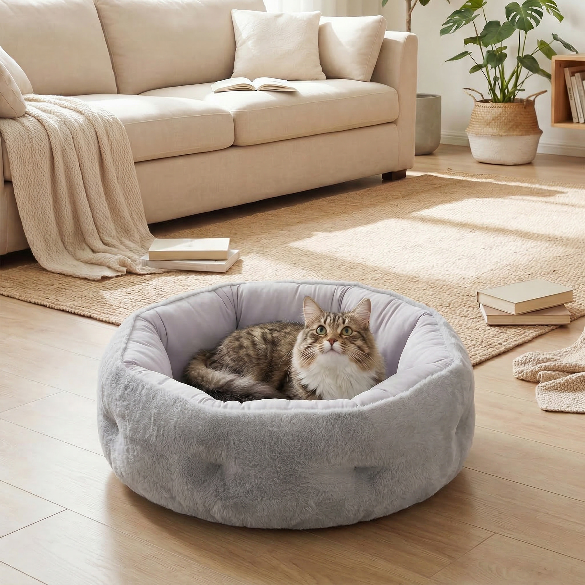 Lit pour chat réversible rebord de soutien tissu gris clair