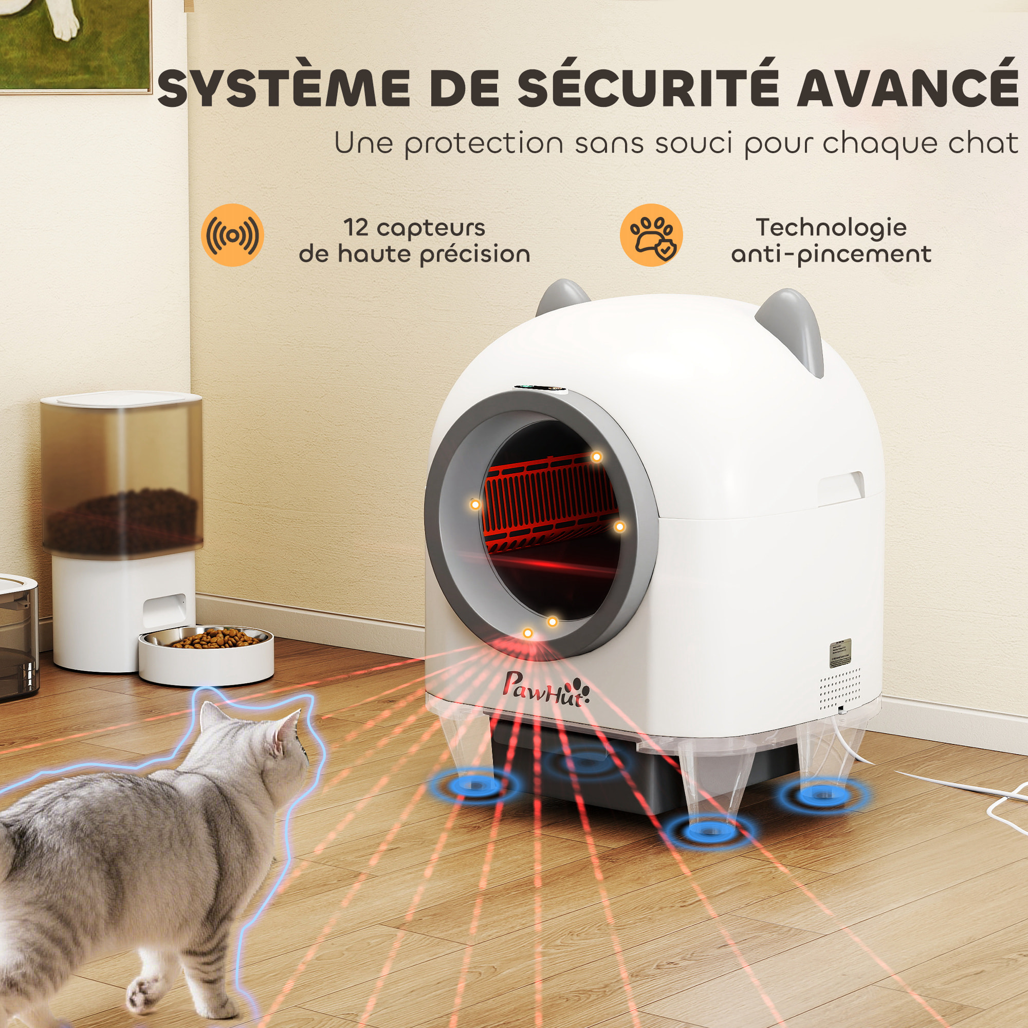 Bac à litière autonettoyante pour chat - maison de toilette autonettoyante - 80L - blanc gris