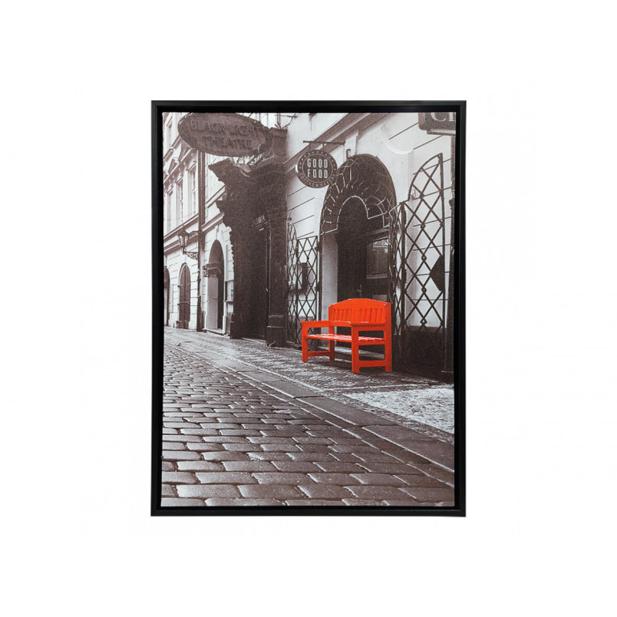 Tableau en toile imprimée rue et banc rouge avec cadre en bois noir 30x40 cm - BENCH