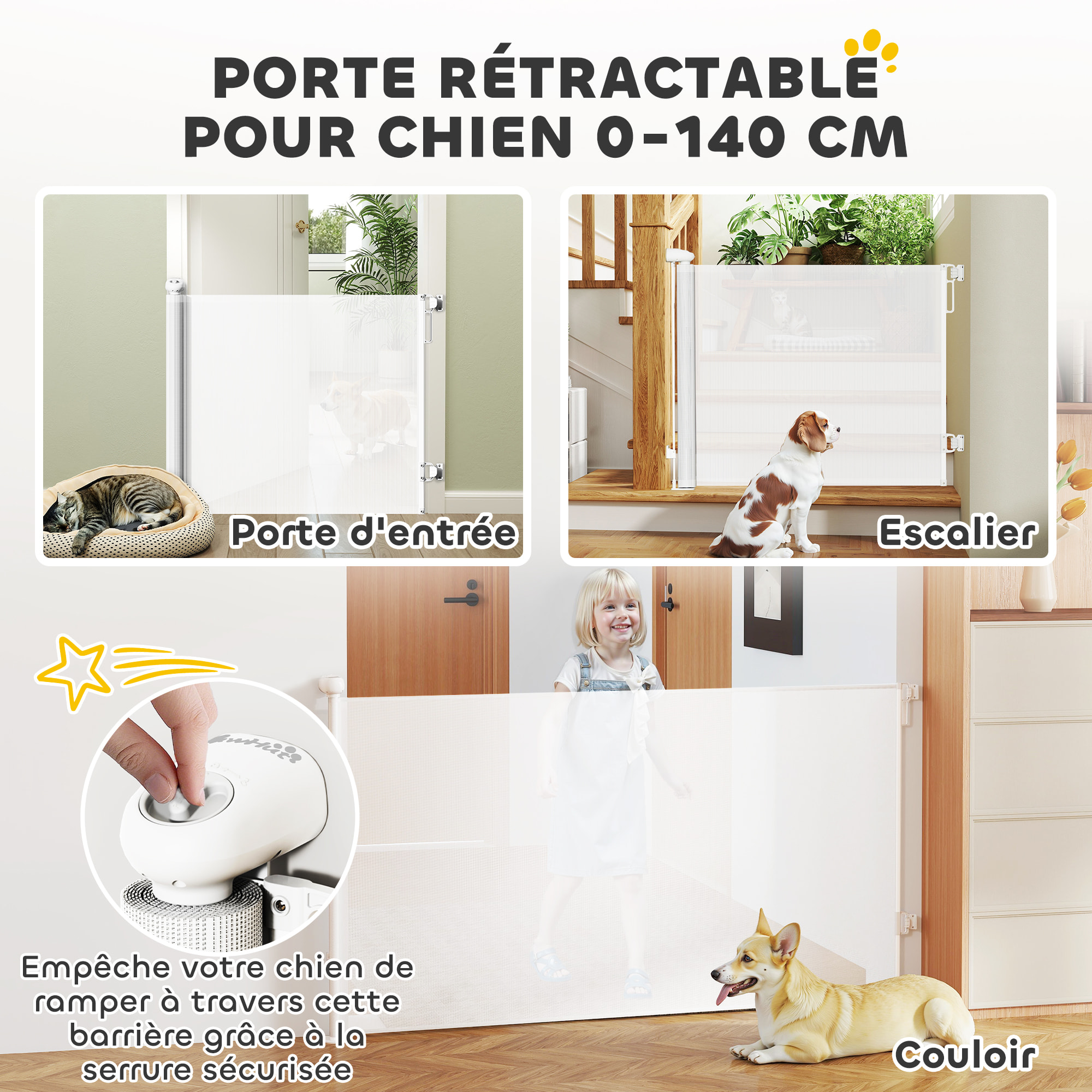 Barrière de sécurité chien rétractable 0-140 cm H.86 cm verrouillage auto alu PVC blanc