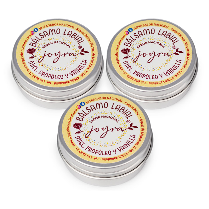 Pack de 3 Bálsamos labiales con miel y propóleo. Sabor a vainilla, 10gr.