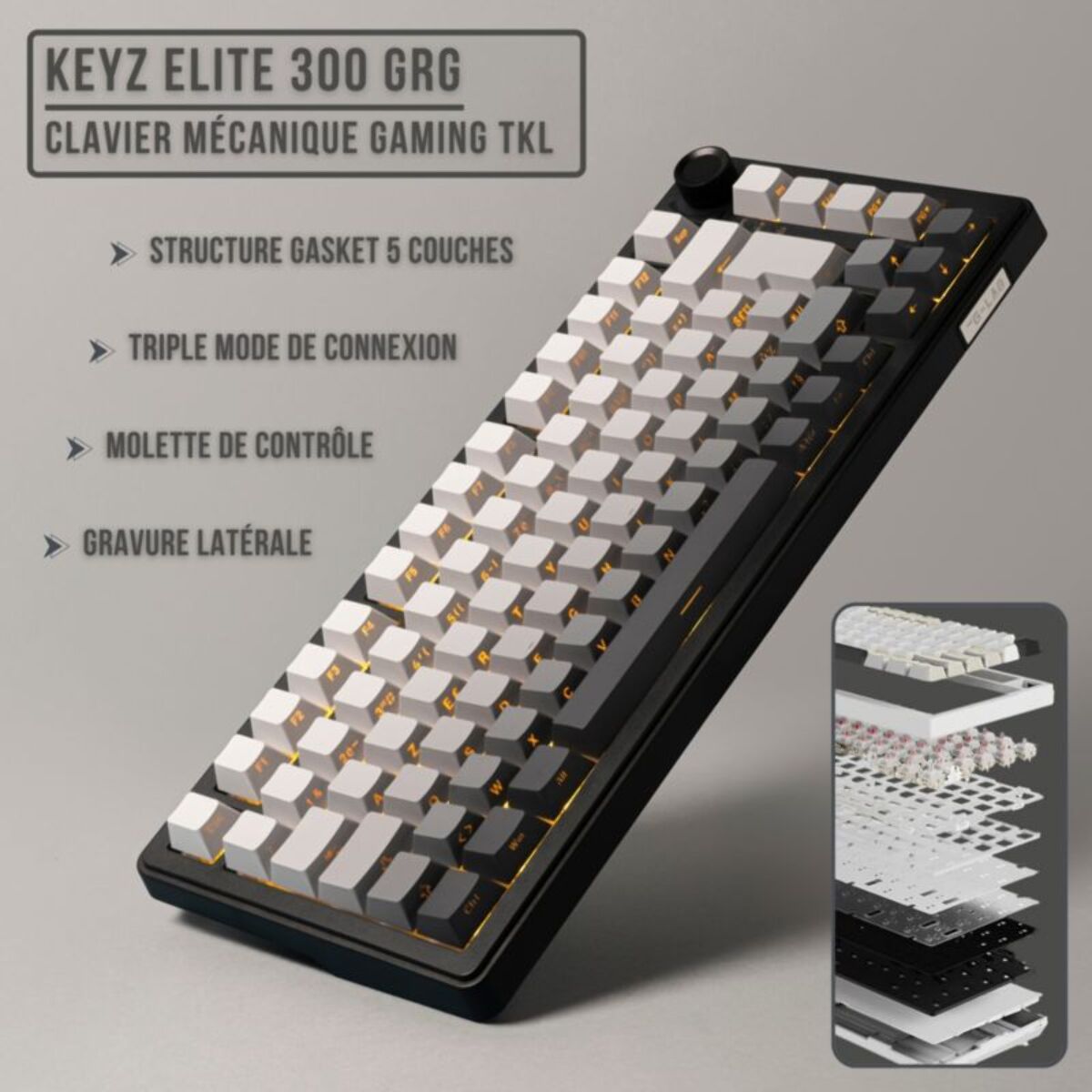 Clavier gamer sans fil THE G-LAB Keyz Elite 300 RGB Triple Mode Gris