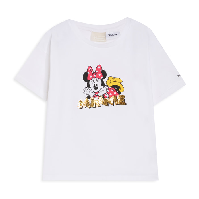 T-shirt bambina Minnie con scritta in paillettes