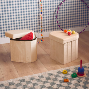 Lot de 2 tabourets-coffre pliables pour enfant avec assise en velours beige et en forme de cœur