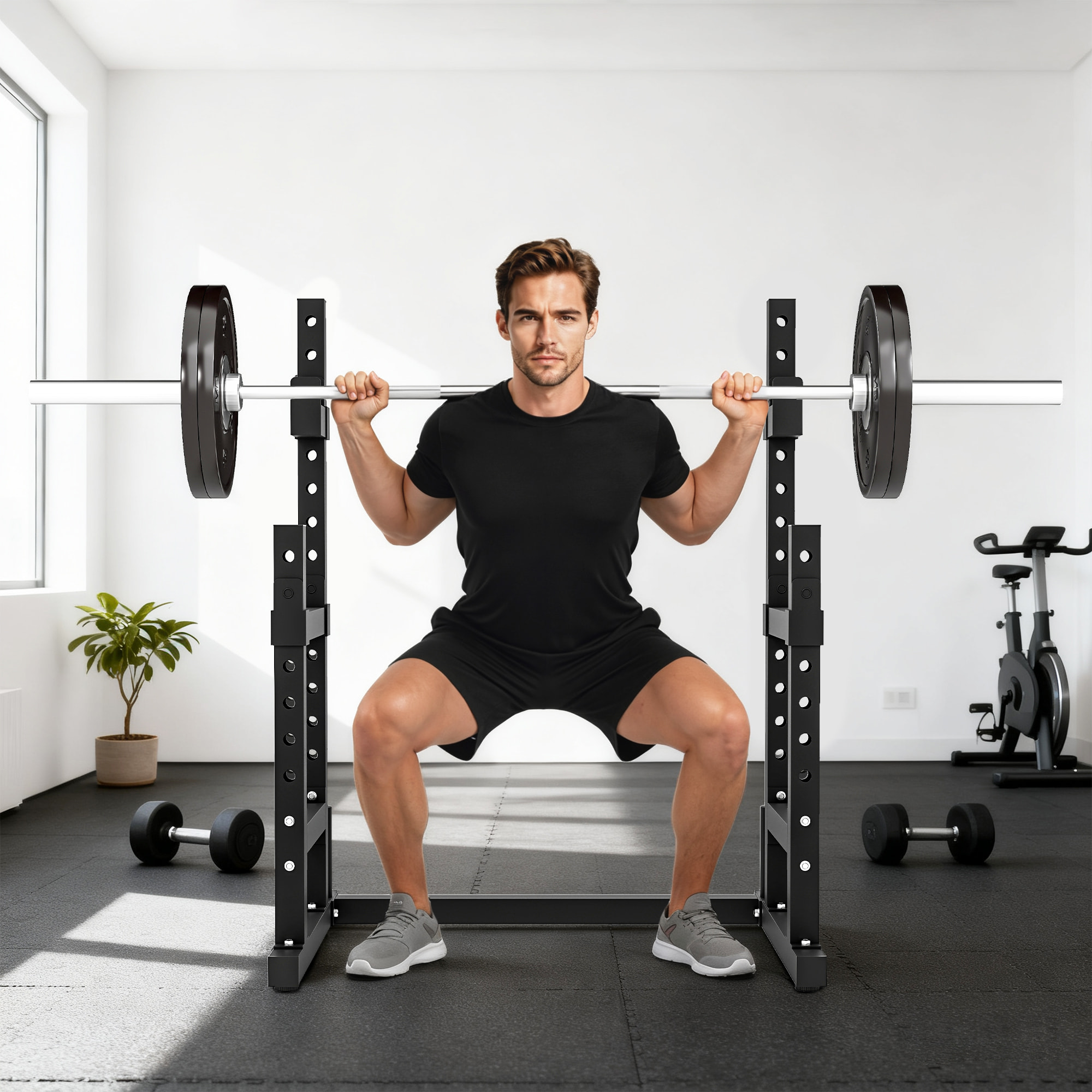 Soporte para Pesas Sentadillas, Soporte Barra Pesas Ajustable con Topes de Seguridad, Rack de Press de Banca Musculación en Casa Gimnasio, Carga 300 kg, Altura Regulable de 48-135/45-85 cm