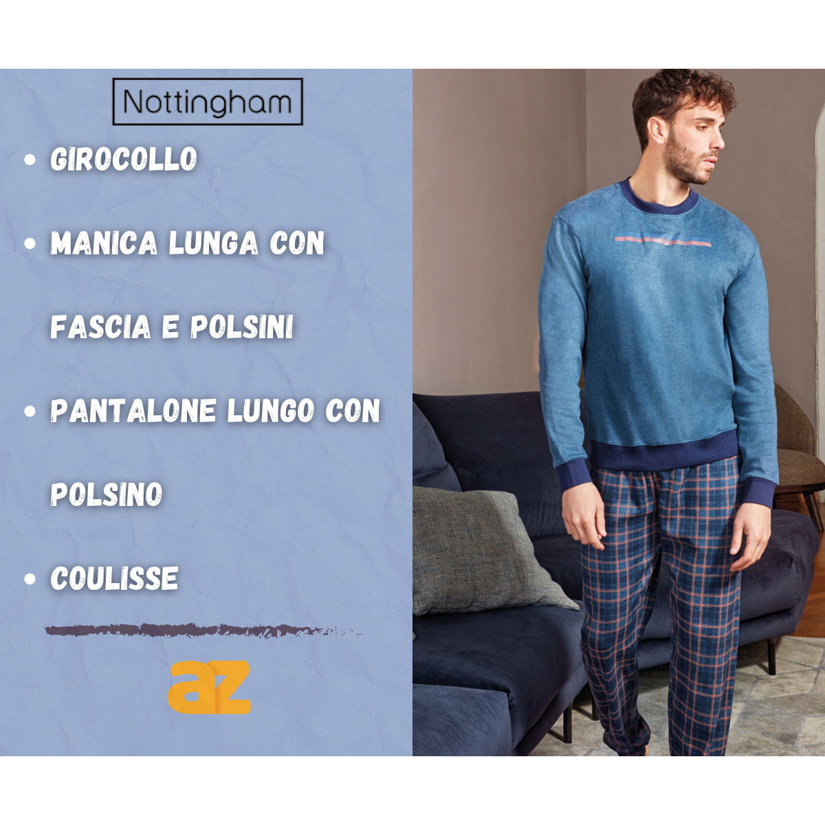 Pigiama Uomo lungo invernale in Cotone Interlock Nottingham, Art. FR44516 Jeans Melange