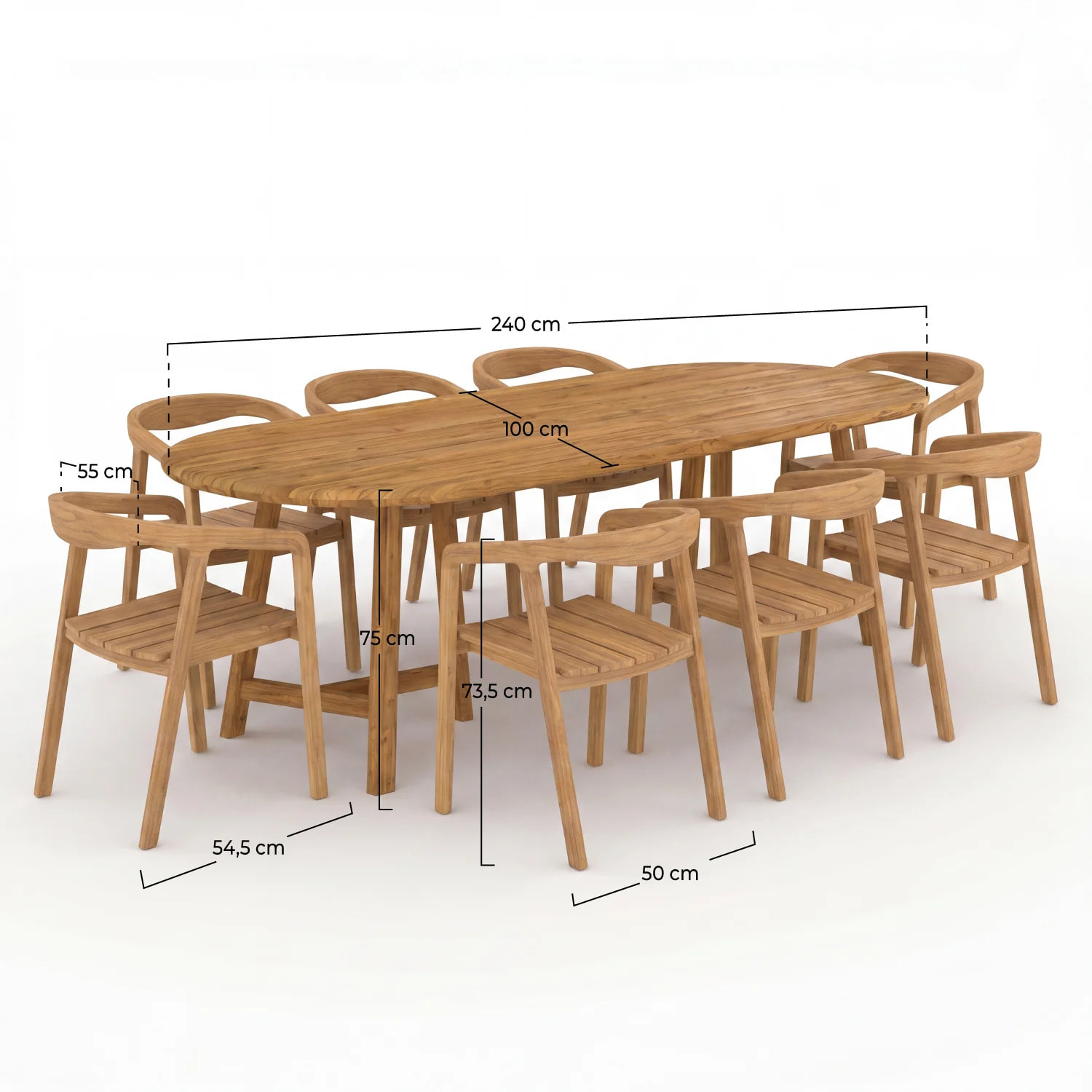 Table et chaises de jardin en bois de teck recyclé, 8 personnes - Bora