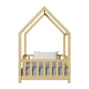 Lit Cabane Tchoupi 90 x 190 cm, Couleur Bois, Bois de Pin Naturel, avec barrières latérales de sécurité