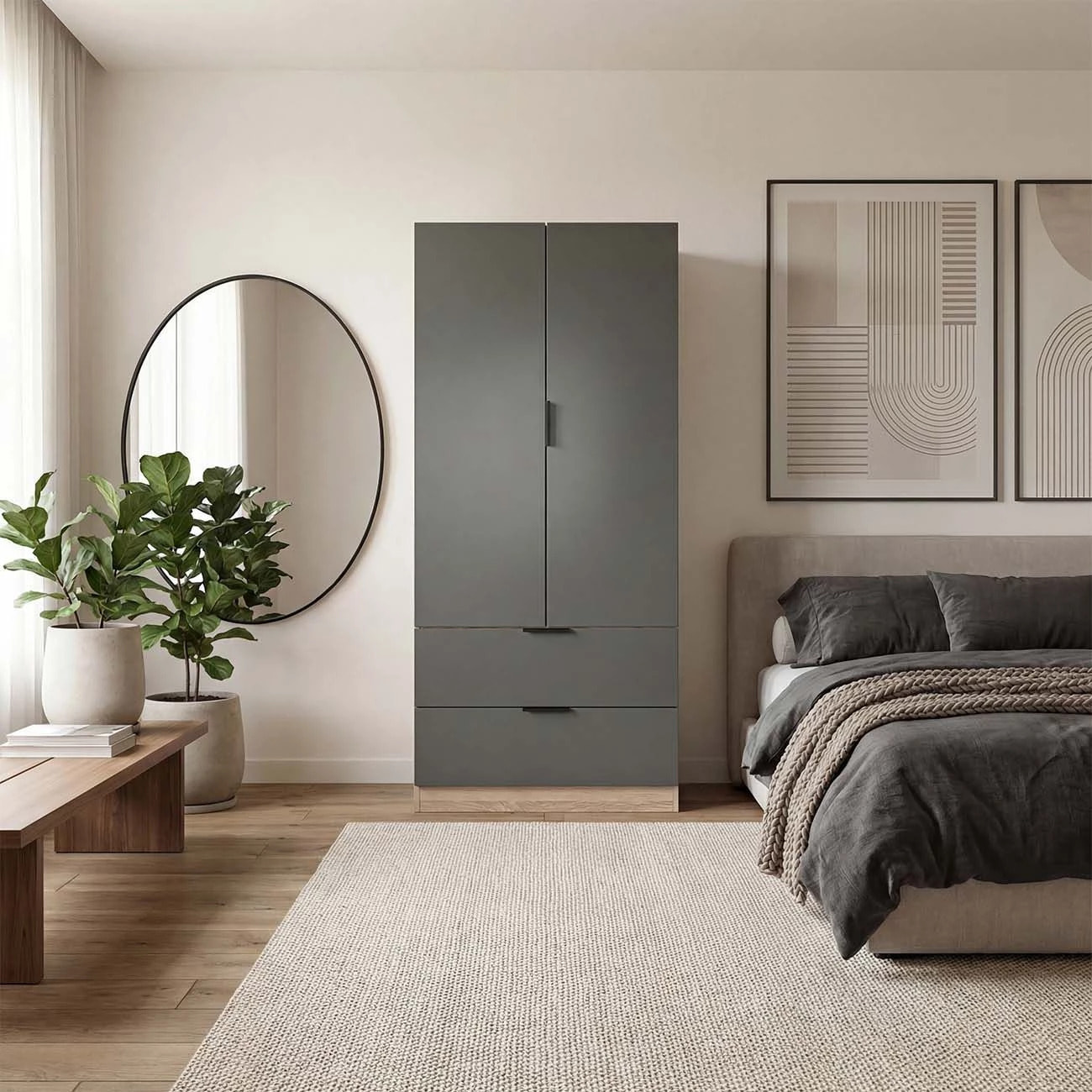 Armario de 2 puertas y 2 cajones en roble canadian y gris grafito 81,5x180 cm Lark Roble Canadian - Gris Grafito