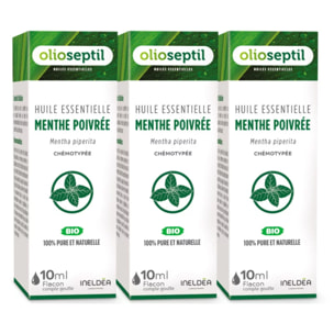 OLIOSEPTIL - Huile essentielle de Menthe Poivrée - 100% Pure et naturelle - BIO - HEBBD (biochimiquement et botaniquement définie) - 100% origine naturelle - Lot de 3 Flacons de 10ml