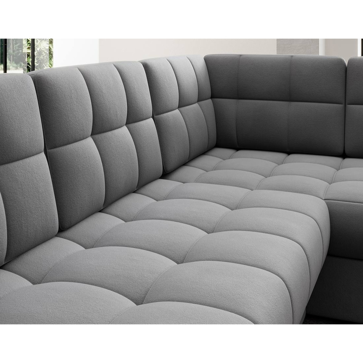 Nappa - Canapé panoramique d'angle droit 7 places convertible avec coffre en velours - Gris clair