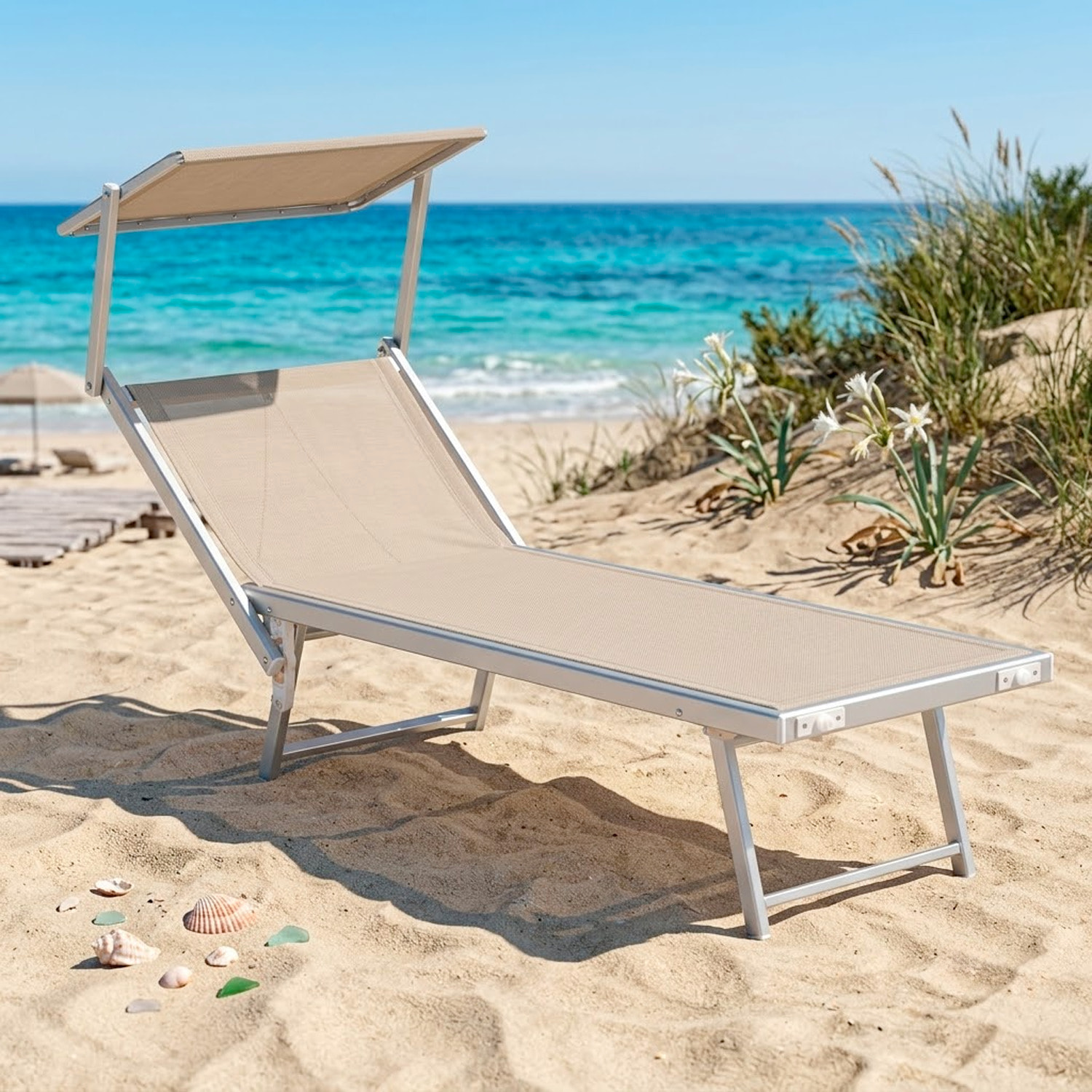 Lettino Prendisole Pieghevole Professionale in Alluminio e Tessuto Textilene Tettuccio Orientabile Parasole Sdraio Mare Spiaggia 182x60x38 cm Beige
