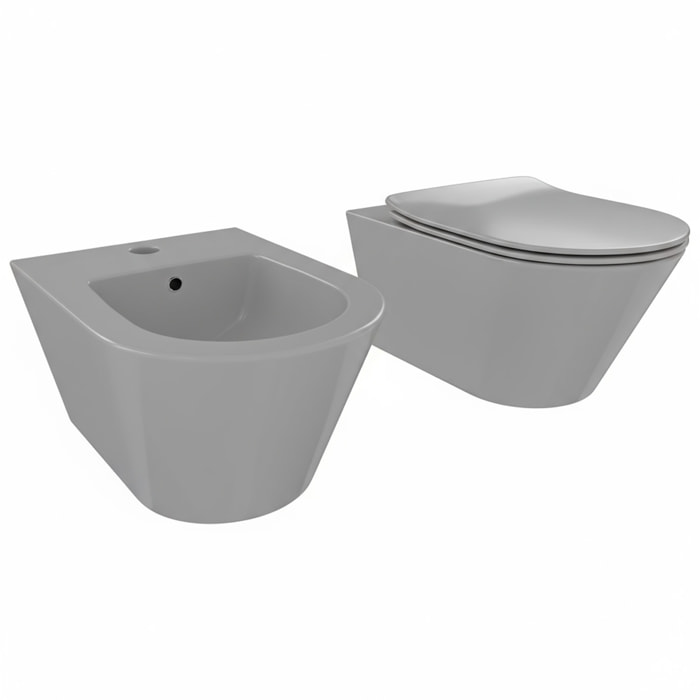 Coppia Sanitari Sospesi Vaso WC Rimless Con Tornado Flush E Bidet Sospeso Moderno Tondo In Ceramica Con Copriwater Chiusura Soft Close Grigio Opaco