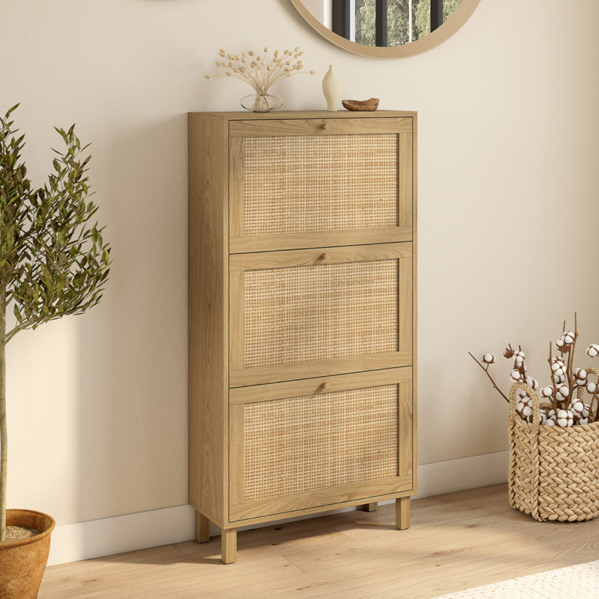 Meuble chaussures Erin 3 portes en cannage - 18 paires