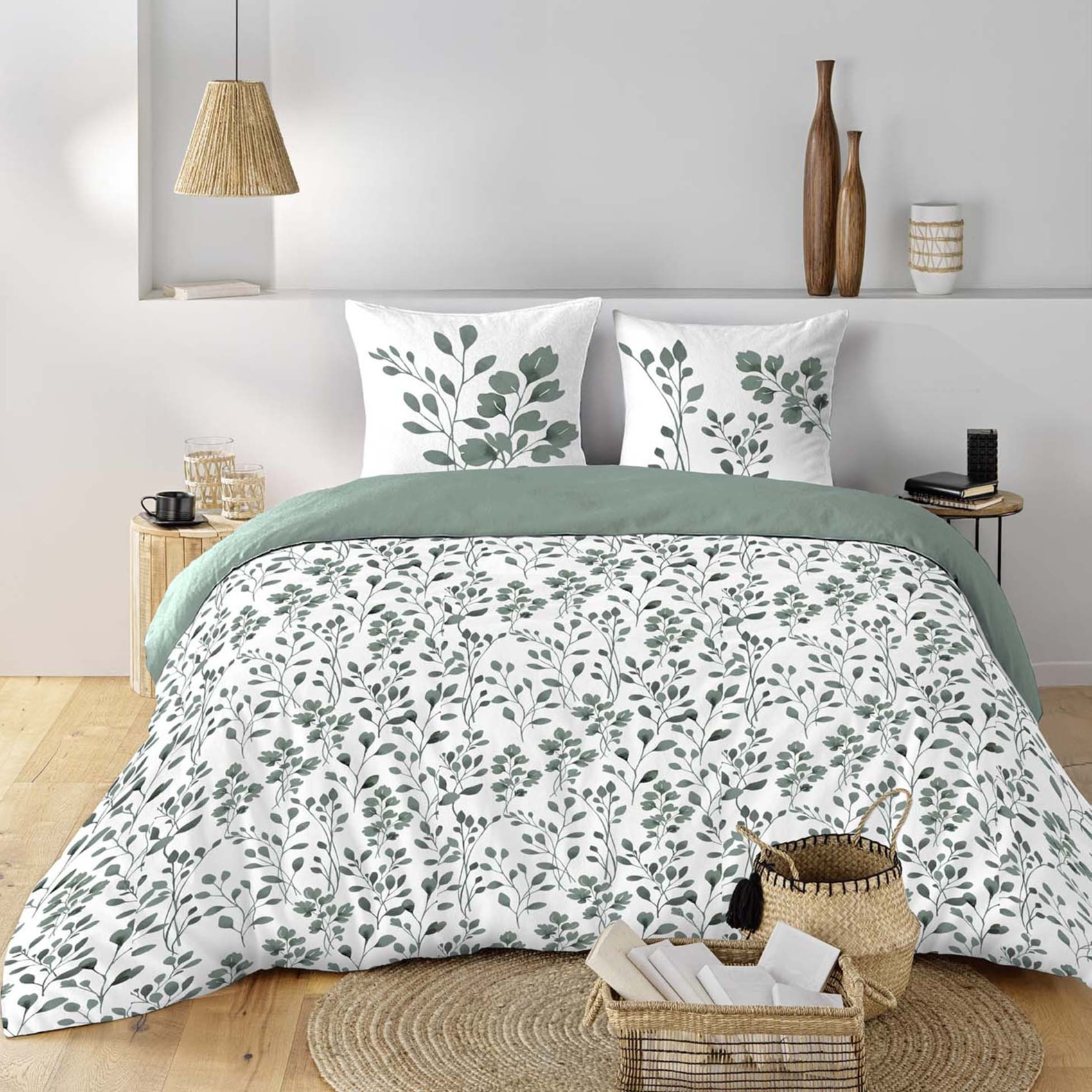 Parure de lit 3 pièces en coton à motif feuillage housse + taies - Sauge