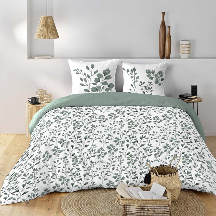 Parure de lit 3 pièces en coton à motif feuillage housse + taies - Sauge