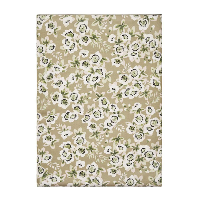 Drap plat imprimé en satin de coton bio, BLOSSOM, Beige Lune