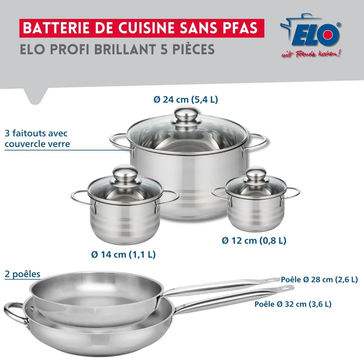 Ensemble de 2 Poêles de cuisson 28 et 32 cm et 3 faitouts 12, 14 et 24 cm Elo Profi Brillant