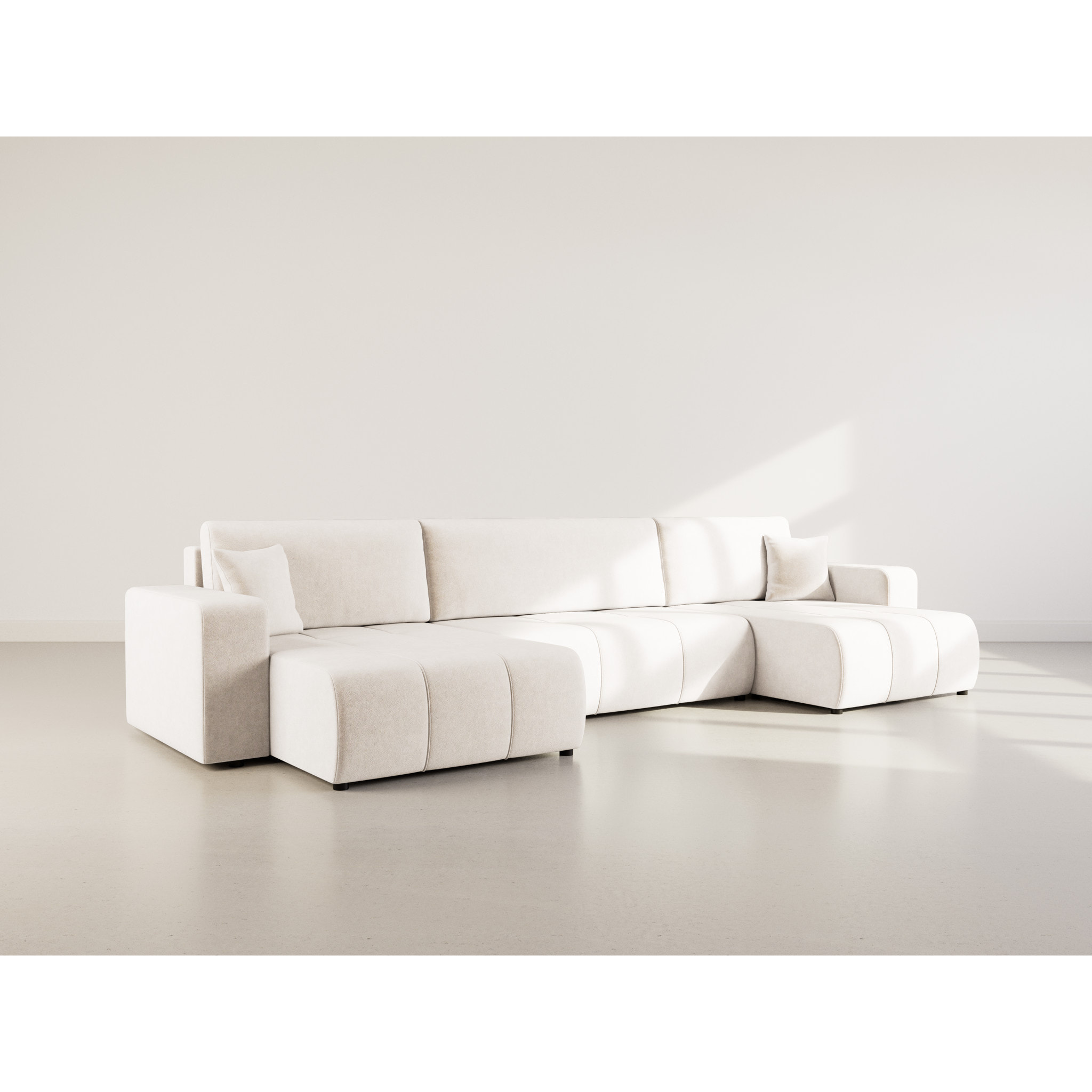 Nicole - Canapé panoramique en U 7 places convertible avec coffre en tissu - Beige