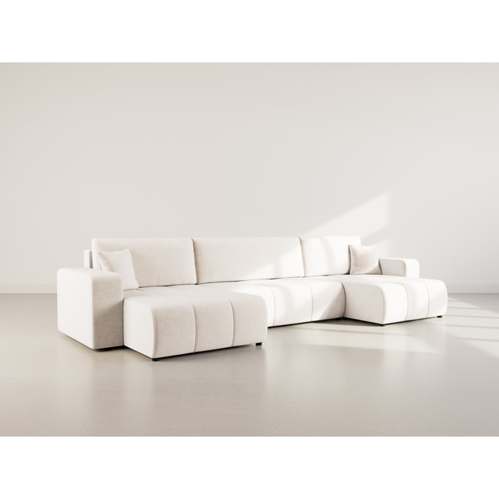 Nicole - Canapé panoramique en U 7 places convertible avec coffre en tissu - Beige