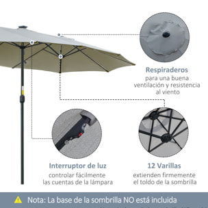 Outsunny Sombrilla Doble de Jardín con 48 Luces LED Solar 450x265x240 cm Parasol para Patio con Manivela Protección Solar para Terraza Balcón Piscina Gris Claro