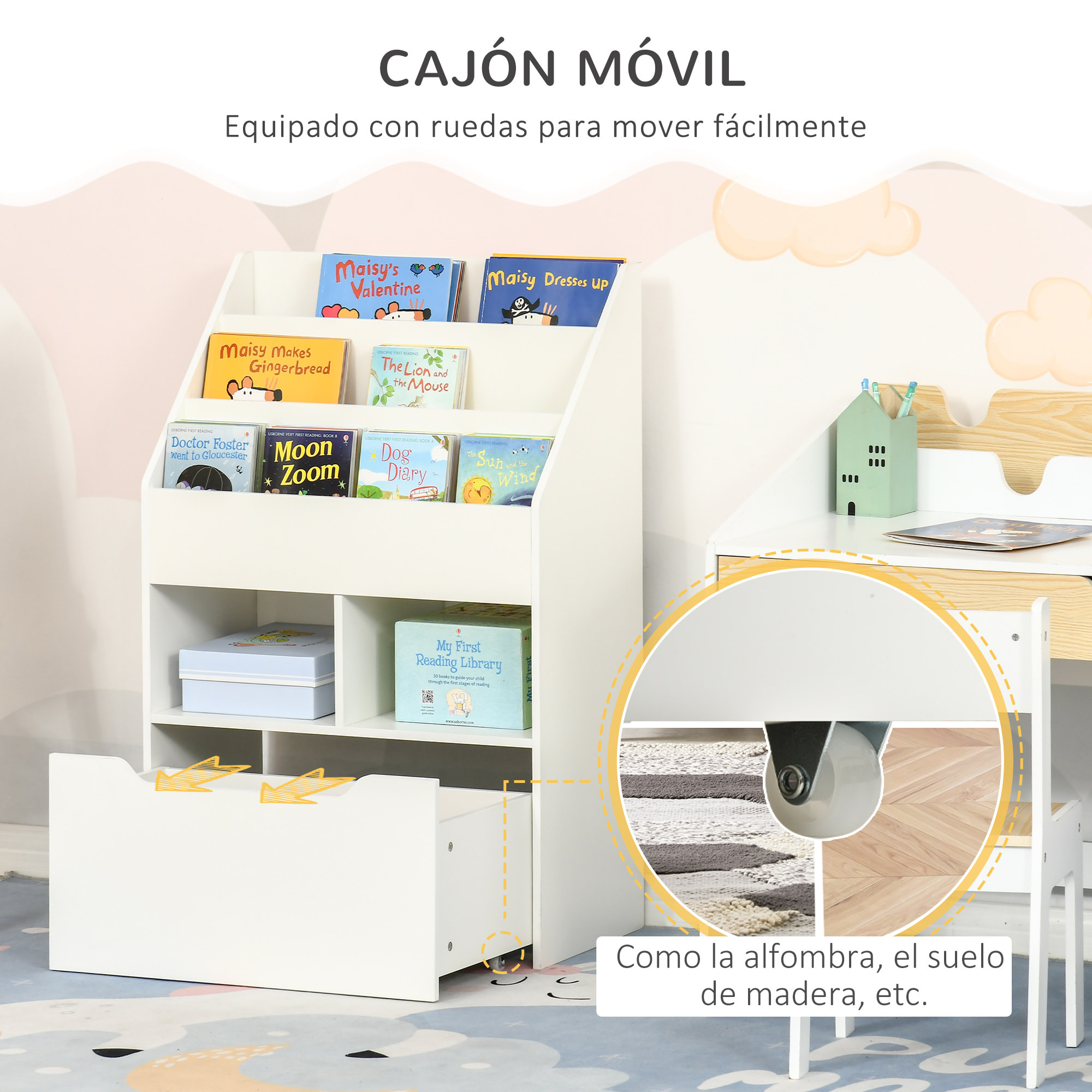 Estantería Infantil de Madera con 3 Compartimentos 2 Cubos y Cajón Móvil con 4 Ruedas Librería Infantil para Habitación de Niños Sala de Juegos 60x29,9x90 cm Blanco