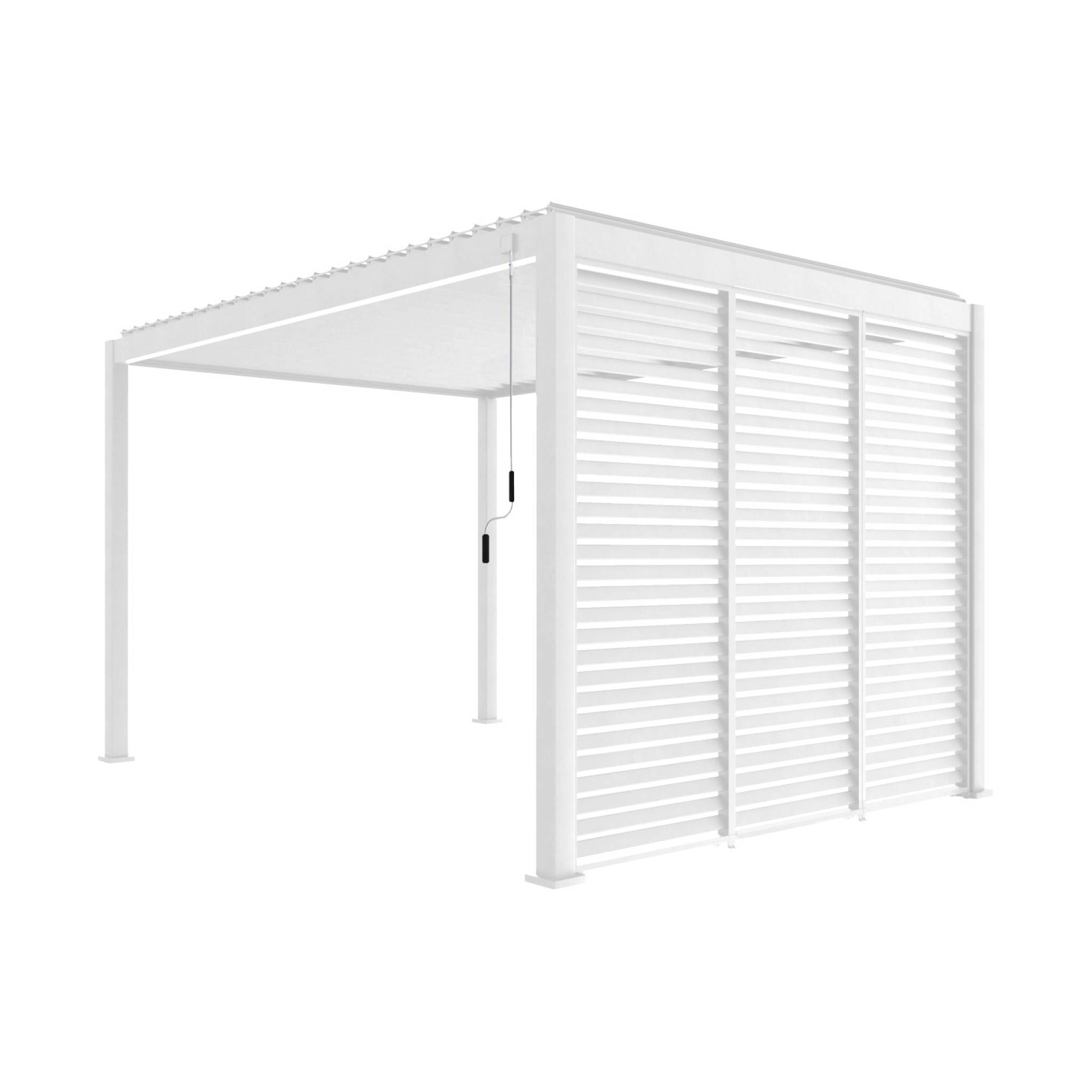 Pergola bioclimatique Triomphe 3x4 + 3 persiennes 100cm pour le côté de 3m. panneau brise vue. L 400 x P 300 x H 250 cm