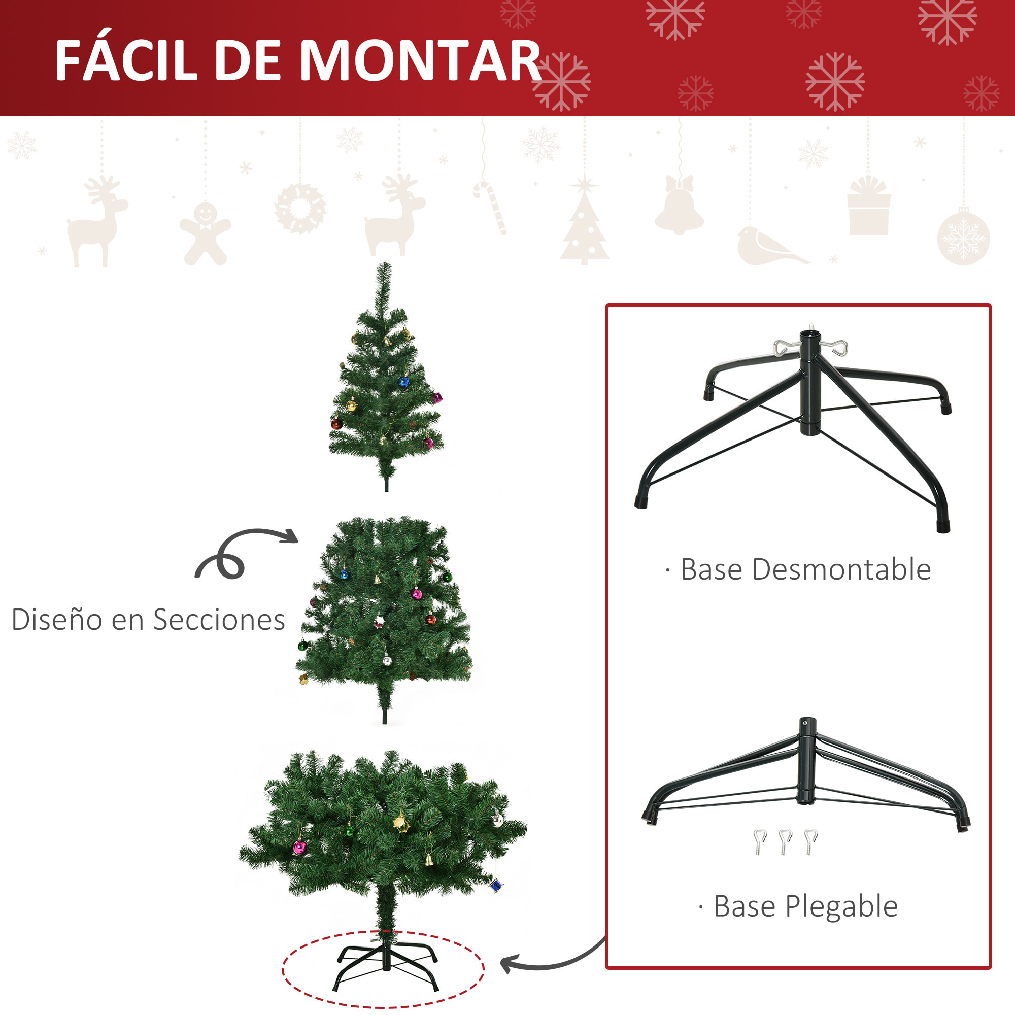 árbol de Navidad 180cm Artificial Pino con Adornos Decorativos 48 Pcs y Soporte Metálico Color Verde árbol Realista para Decoración Navidad