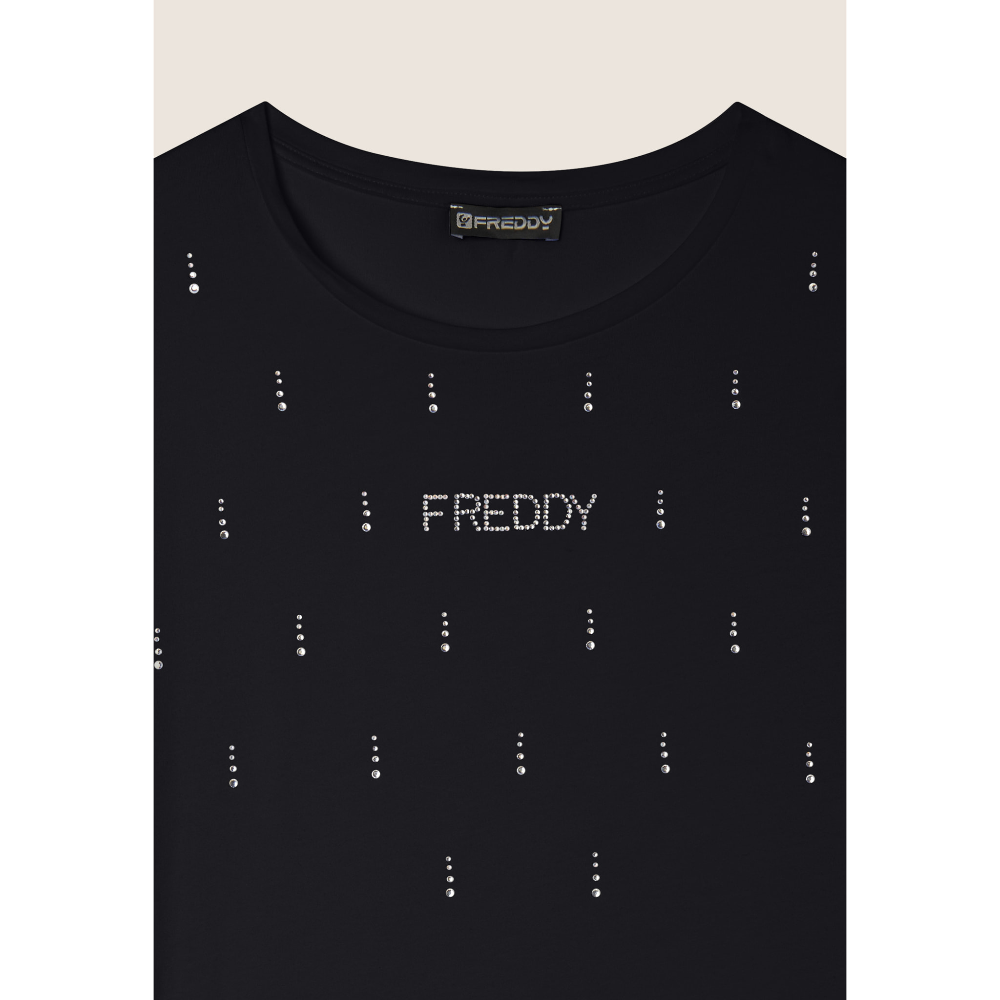 T-Shirt in jersey modal con Strass e Taglio Arrotondato