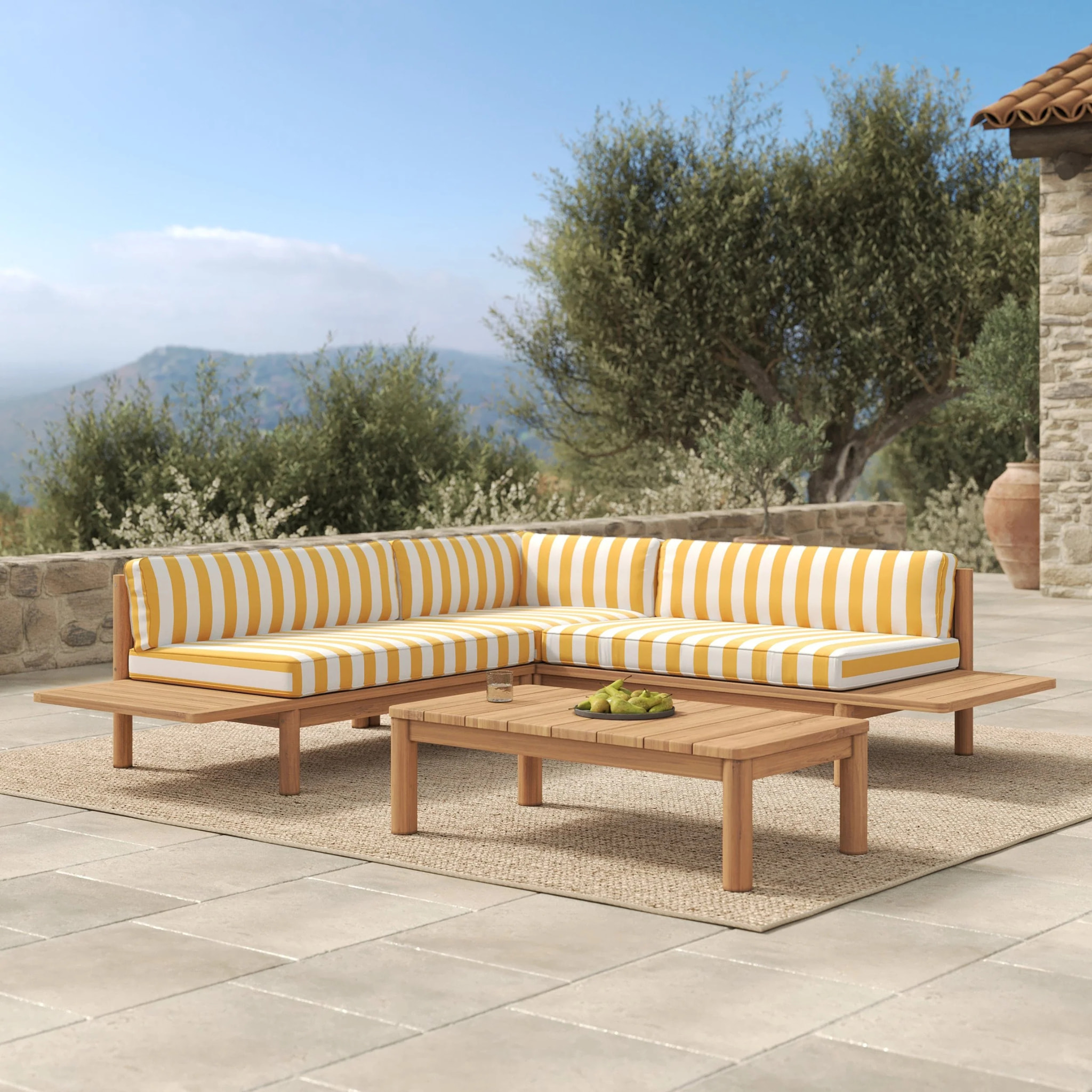Salon de jardin 4 personnes en teck massif et tissu rayé jaune - Nadila