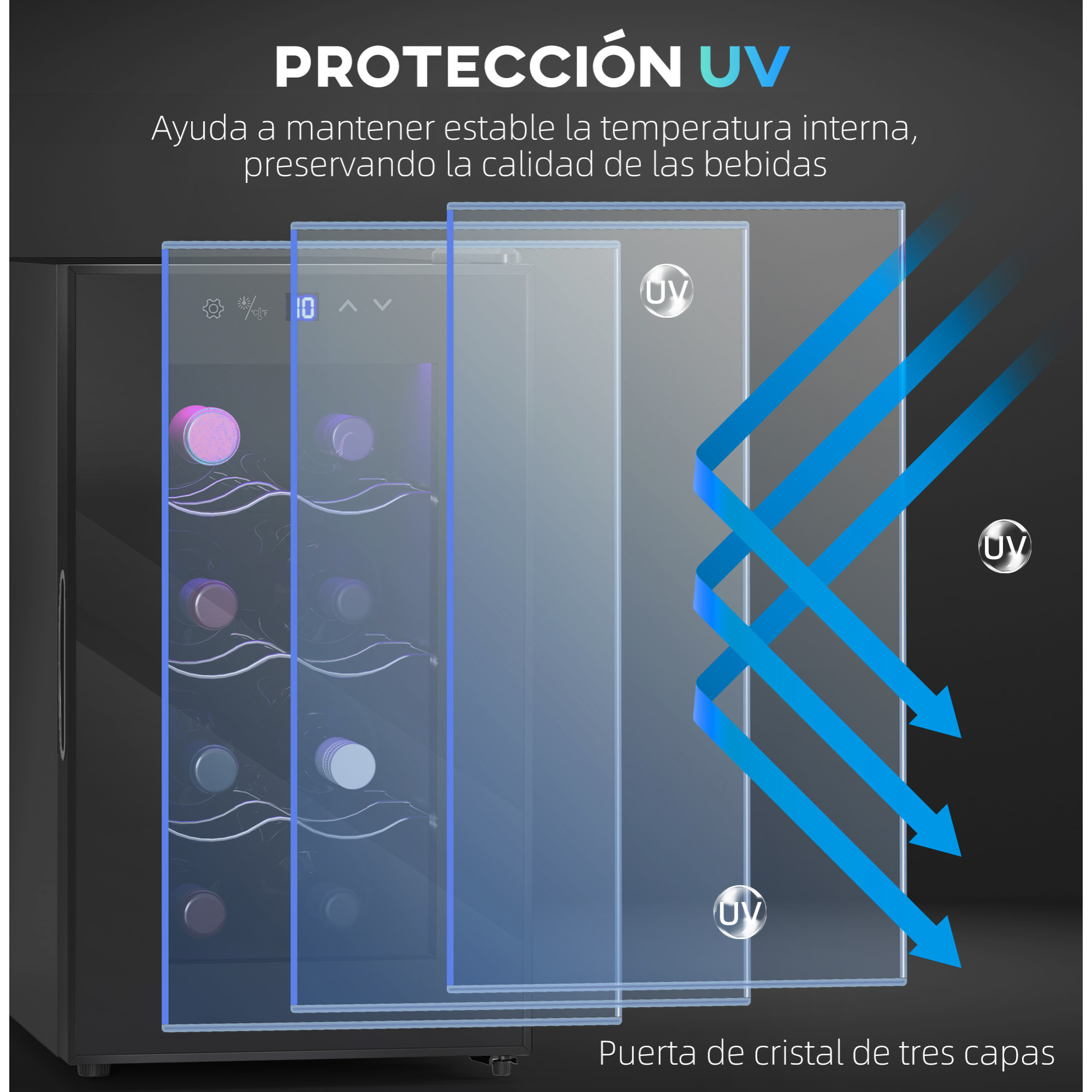 Vinoteca 8 Botellas, Nevera para Vinos con Doble Refrigeración Termoeléctrica, Temperatura Ajustable 8-18„ƒ, Puerta de Vidrio, Anti-UV, Pantalla LED Táctil, Luz Interior, Negro