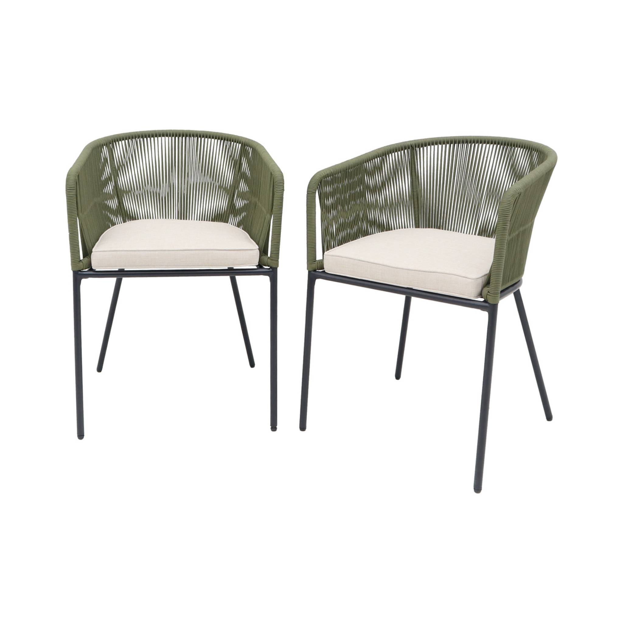 Lot de 2 fauteuils de jardin en corde kaki et acier galvanisé. coussins beige