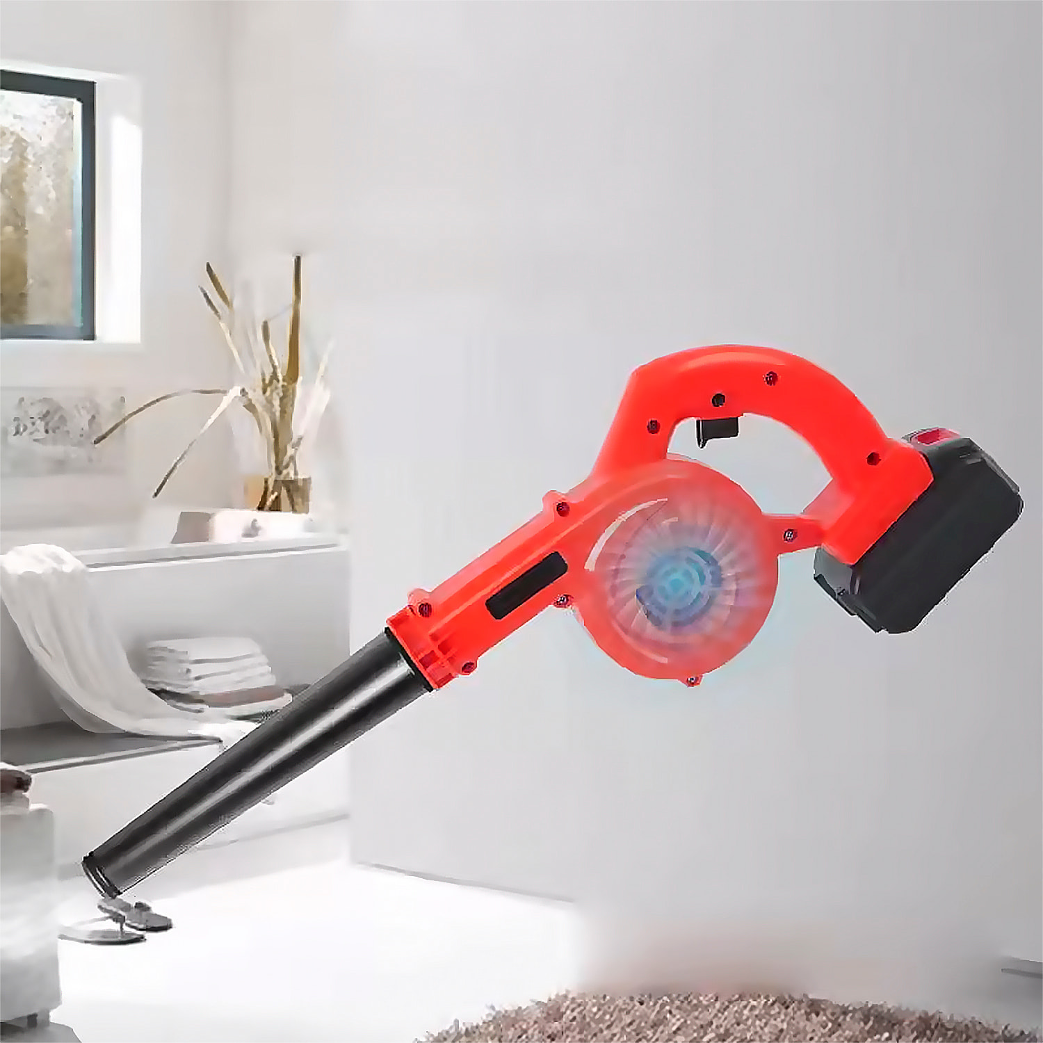 Mini soffiatore di foglie elettrico 2 in 1 con batteria. Modalità aspirazione.