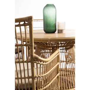 Tavolo da giardino LAMEGO rotondo in teak naturale e fibra effetto rattan, Ø110 cm