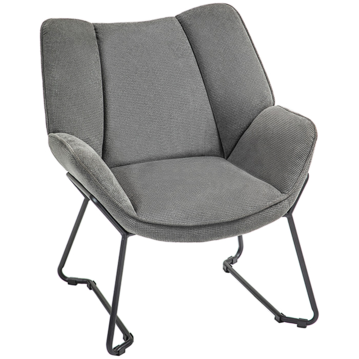 Fauteuil lounge design contemporain - dossier incliné, assise accoudoirs enveloppants - acier noir tissu gris