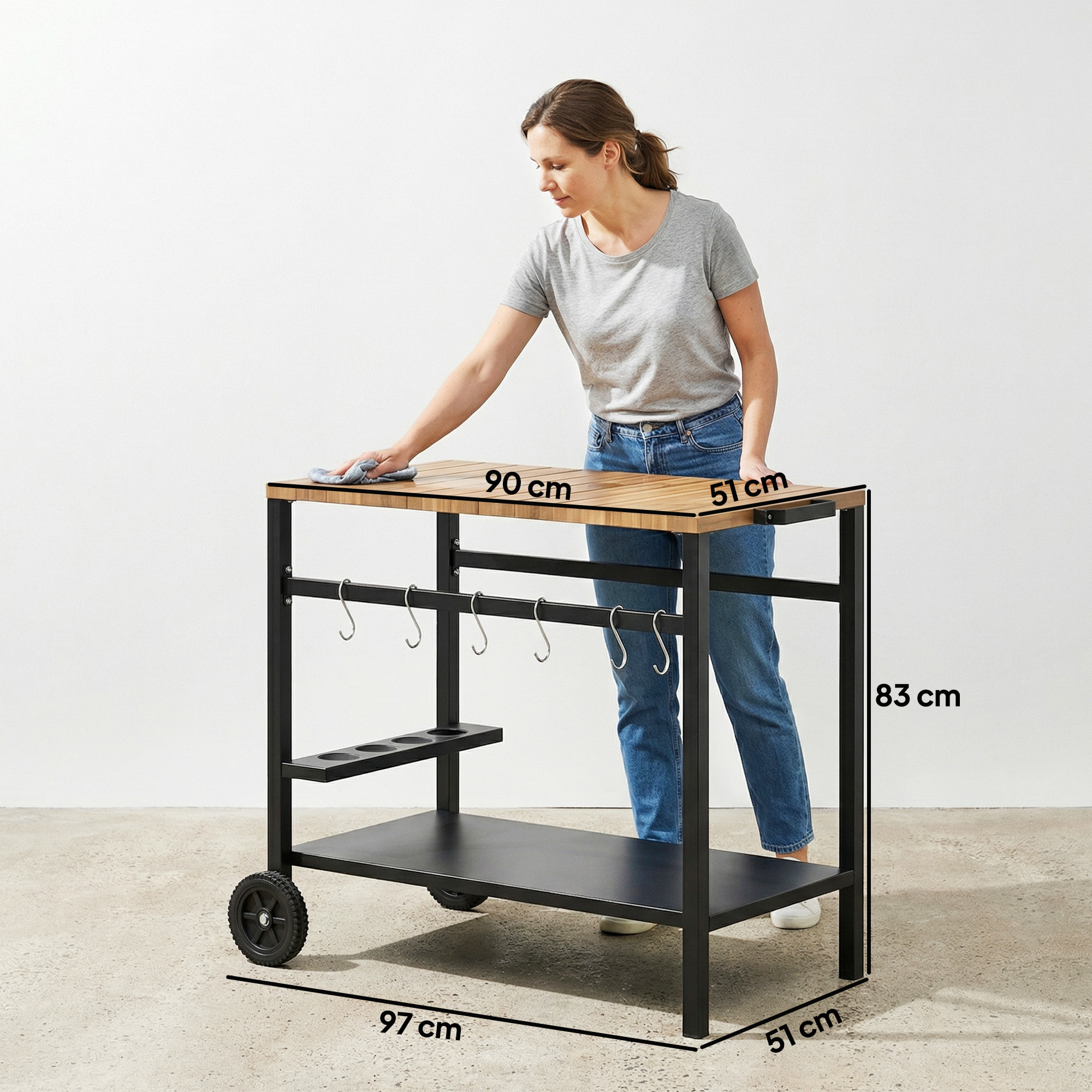 Carrito de Barbacoa de 2 Niveles Mesa Auxiliar para Barbacoa Móvil con Ruedas Portabebidas Ganchos Asa Encimera Imitación madera Mesa de Horno de Pizza para Exterior Negro y Marrón