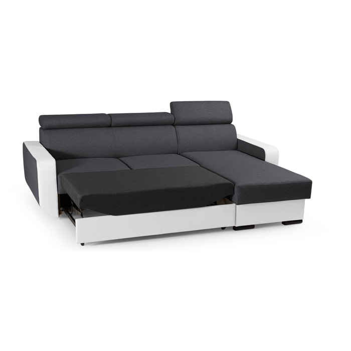 Dustin - Canapé d'angle réversible - 4 places - Convertible avec coffre - Têtières réglables - Blanc / Gris
