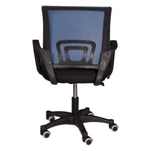 Sedia da ufficio su ruote, Poltrona elevabile con braccioli, Sedia in tessuto imbottito con schienale in rete, cm 62x50h84/93, colore Nero e Blu