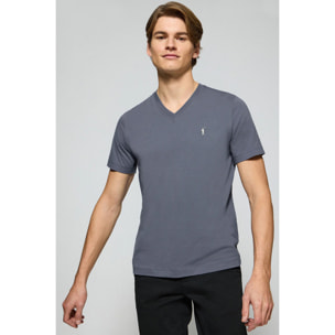 Maglietta blu denim con scollo a v e logo ricamato Rigby Go