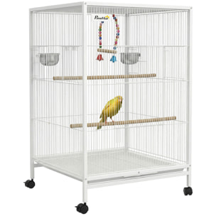 Jaula para Pájaros con Ruedas, Pajarera de Acero con Perchas, Columpio Bandeja Extraíble y Cuencos de Acero Inoxidable, Jaula Grande para Loros, Canario, Periquito, 48x46x78 cm, Blanco