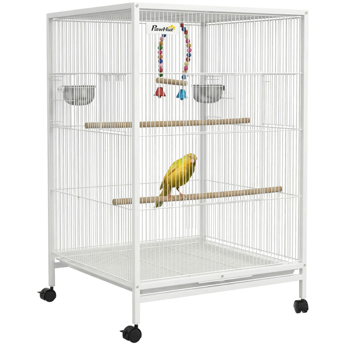 Jaula para Pájaros con Ruedas, Pajarera de Acero con Perchas, Columpio Bandeja Extraíble y Cuencos de Acero Inoxidable, Jaula Grande para Loros, Canario, Periquito, 48x46x78 cm, Blanco