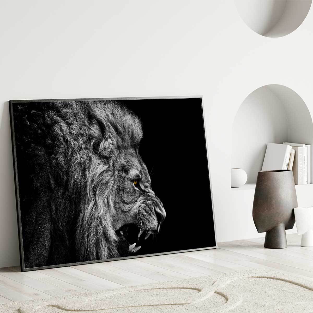 Affiche encadrée lion rugissant noir et blanc Affiche + cadre en métal - Noir