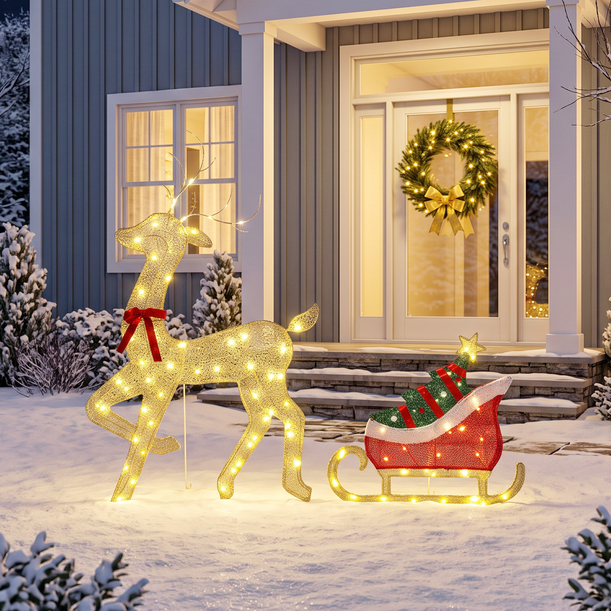 Renne et traîneau lumineux de Noël 95 LEDs blanc chaud 8 modes