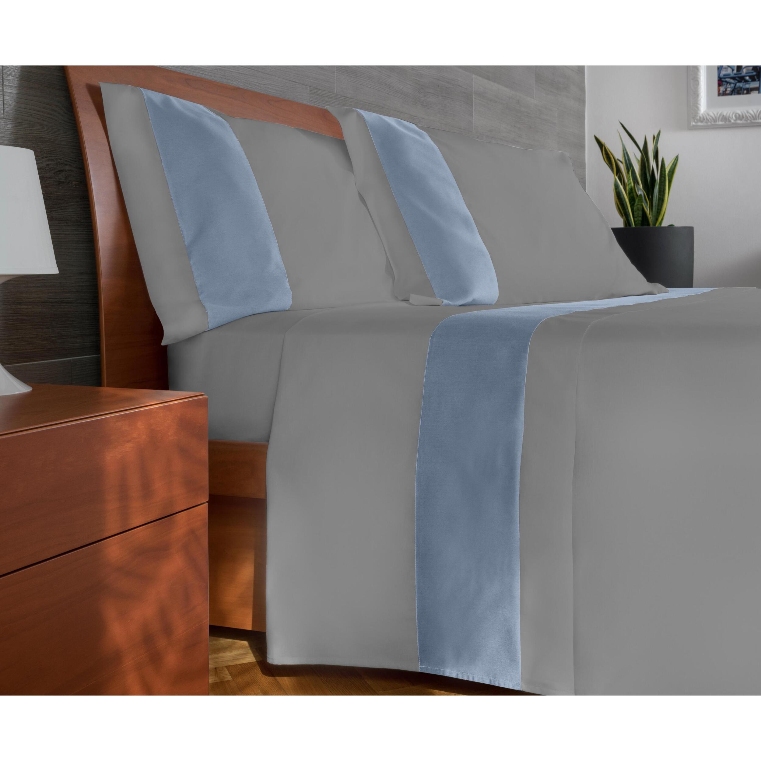 Completo letto bordo RASO IPERSAN Puro Cotone Azzurro fondo Grigio