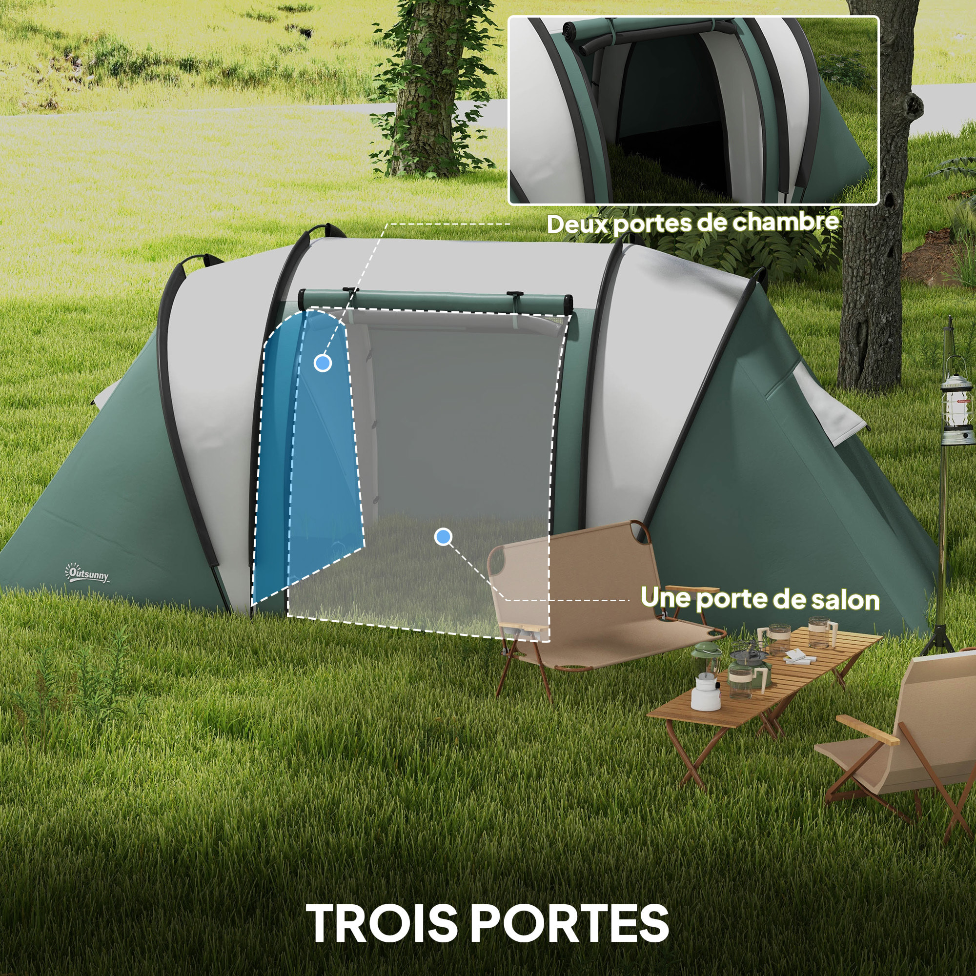 Tente de camping familiale 4-5 pers. 2 chambres 3 fenêtres sac vert