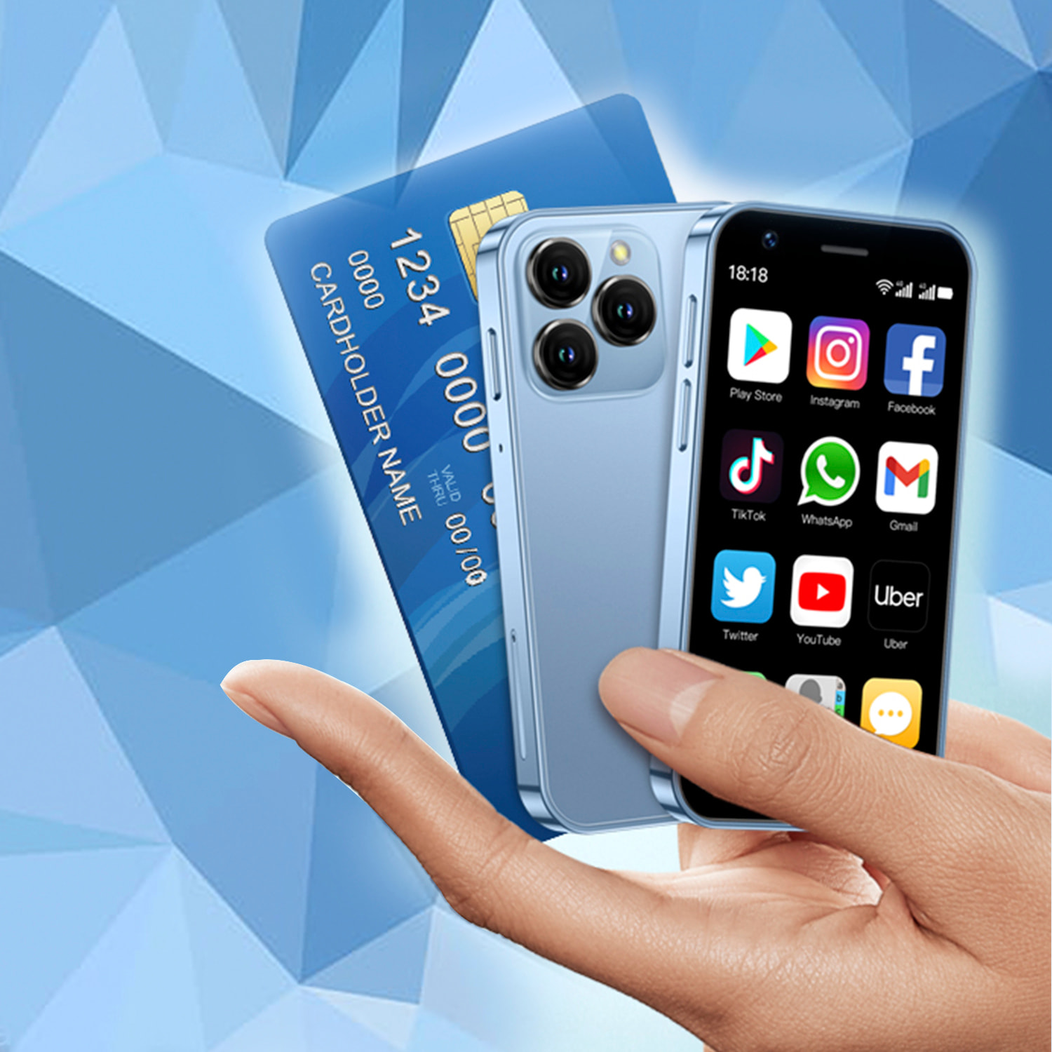 DAM Mini smartphone XS16 4G, Android 8.1, 2GB RAM + 16GB. Pantalla 3''.Doble tarjeta SIM. 4,5x1,2x10,2 Cm. Color: Azul