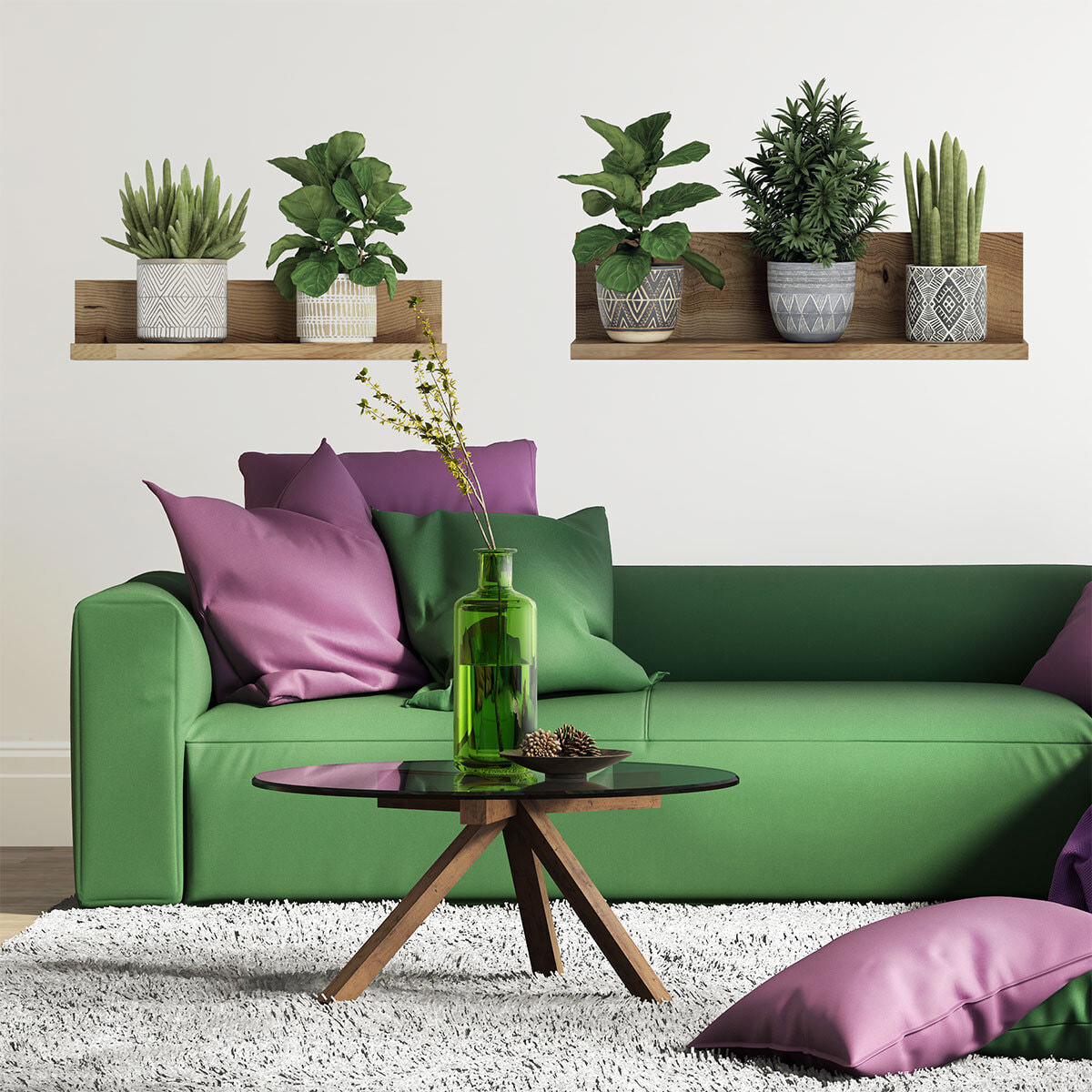 Stickers muraux 3D | Sticker Mural Autocollant effet PLANTES VERTES SUR ÉTAGÈRES - Stickers adhésifs 3D Chambre Salon Trompe l'oeil