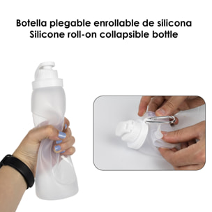 Bottiglia pieghevole arrotolabile da 500ml, in silicone alimentare. Con moschettone.